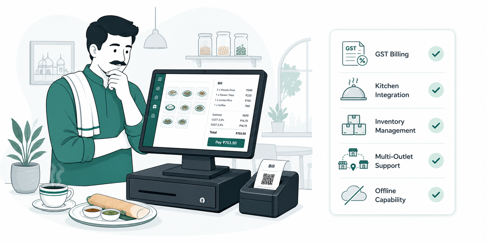 Restaurant owner evaluating a POS system against billing, kitchen, inventory, outlet, and offline requirements.