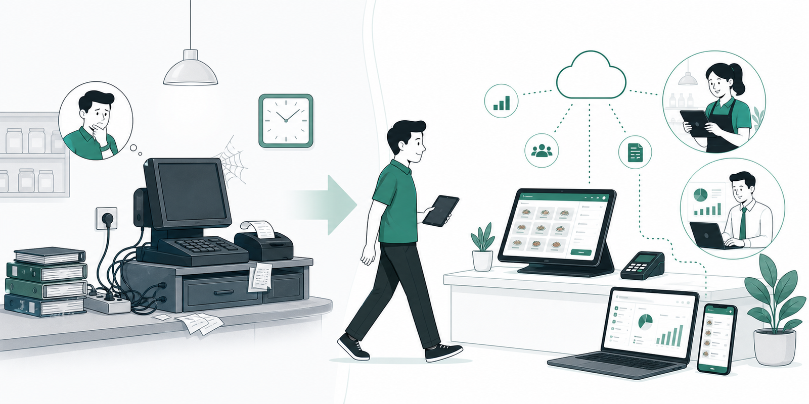 Restaurant operator moving from a bulky disconnected terminal to a connected cloud POS across devices.