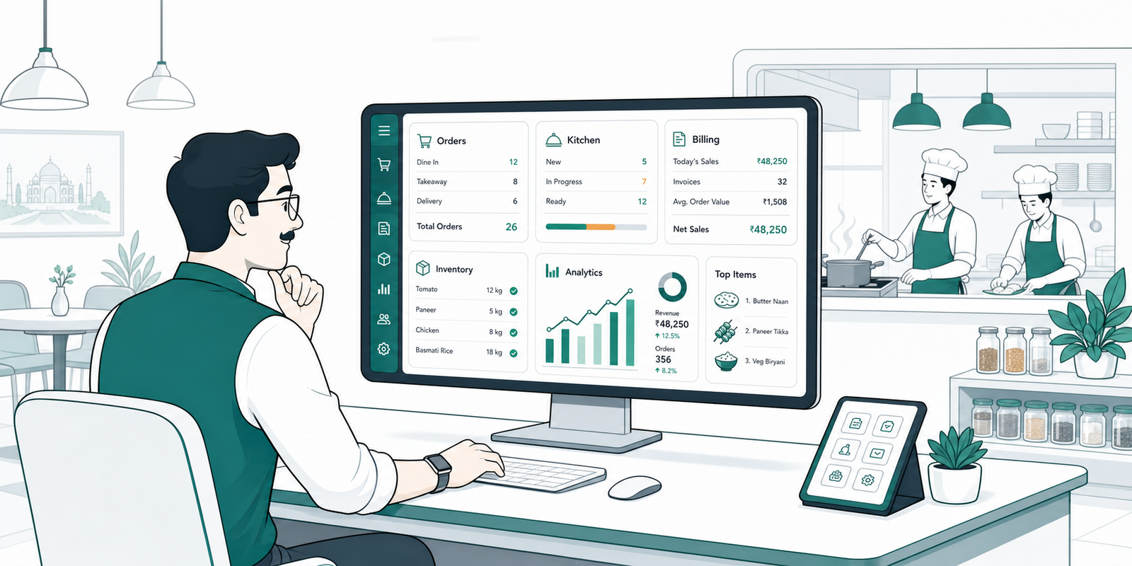 Restaurant operator reviewing a unified dashboard for orders, kitchen, billing, inventory, and analytics.