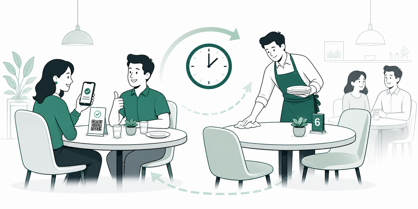 Guests completing a quick mobile payment while a server resets the table for the next party.