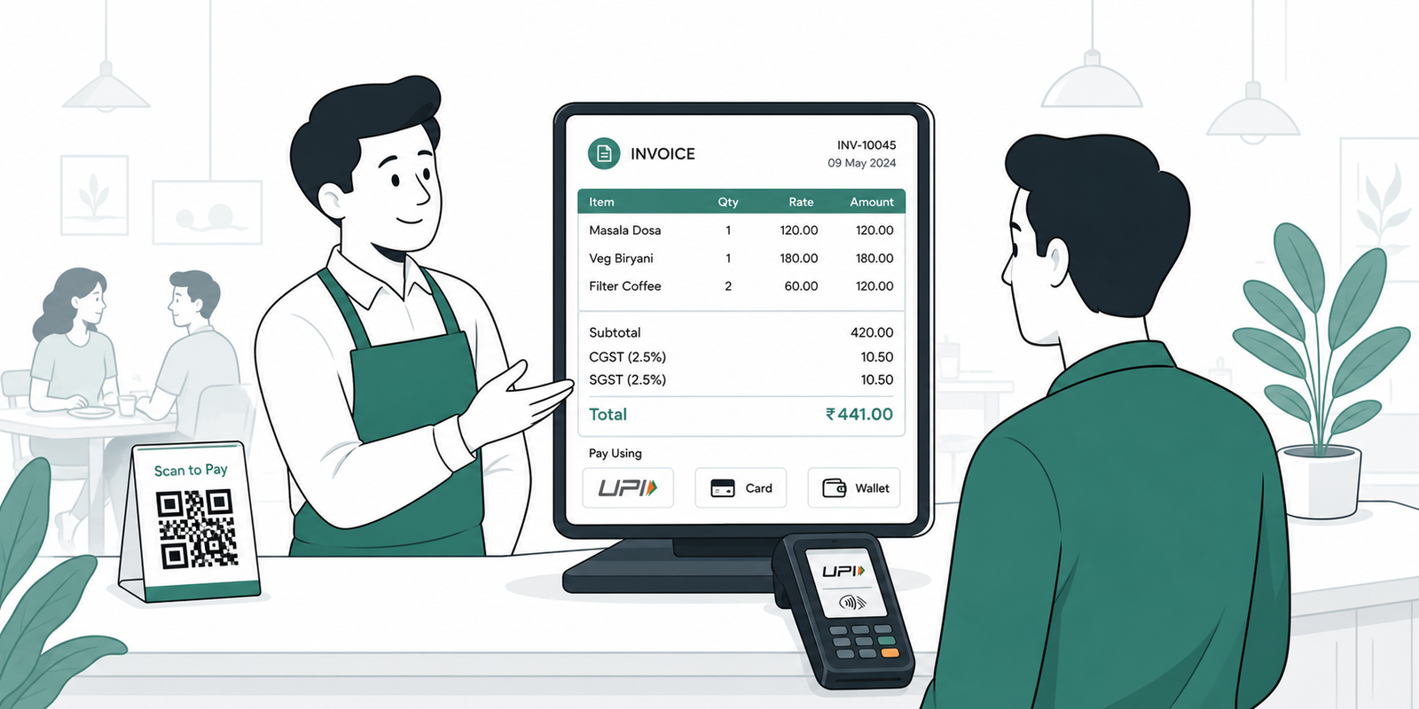 Restaurant cashier presenting a GST-compliant digital invoice with CGST, SGST, and payment options.