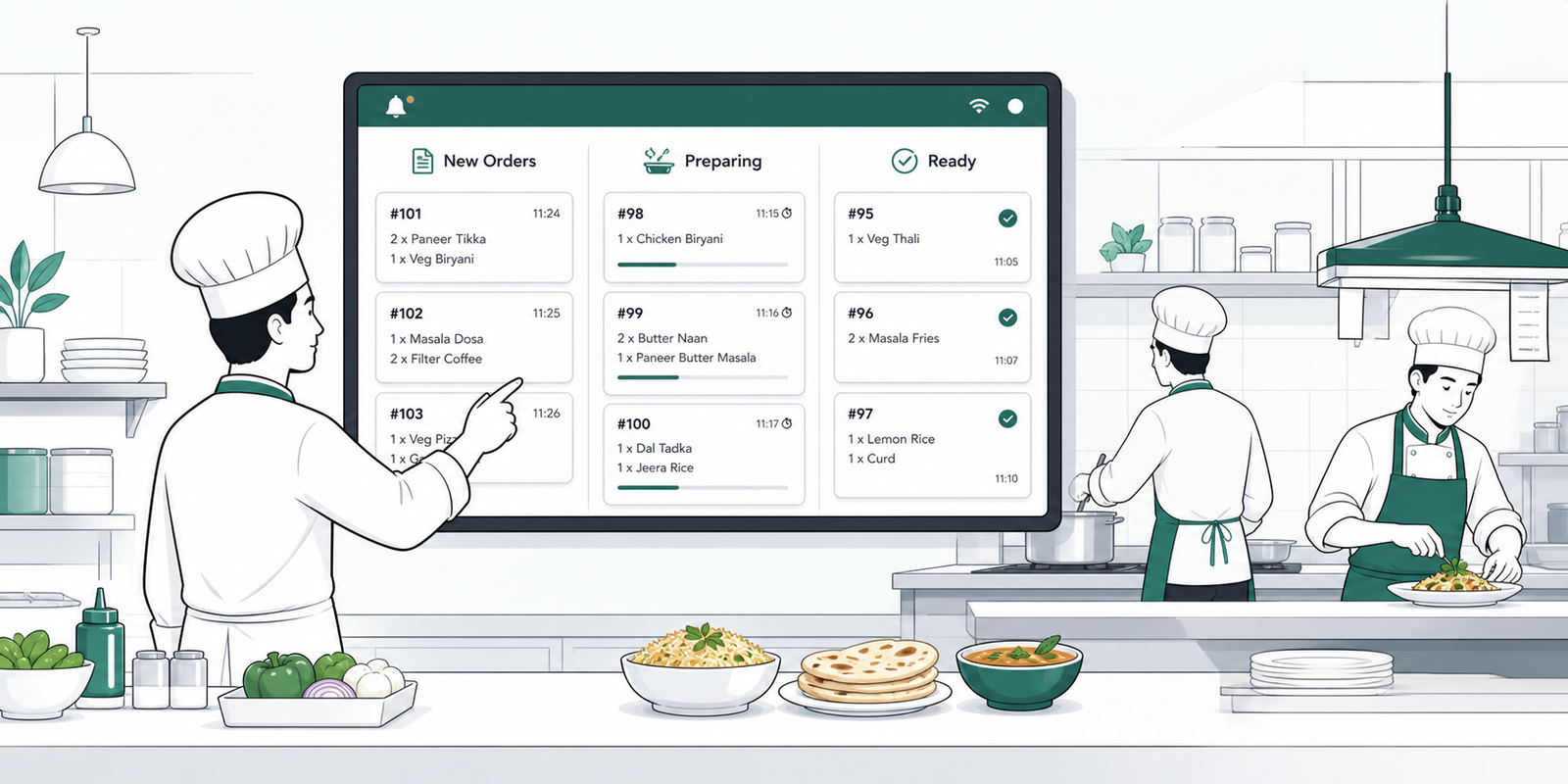 Chef managing new, preparing, and ready orders on a kitchen display system.