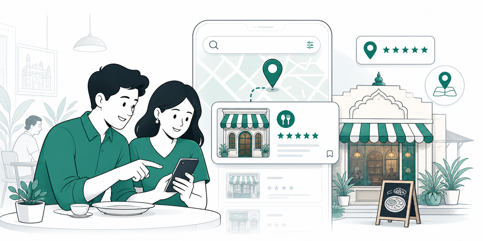 Diners discovering a highly rated nearby restaurant through a mobile map and local search.
