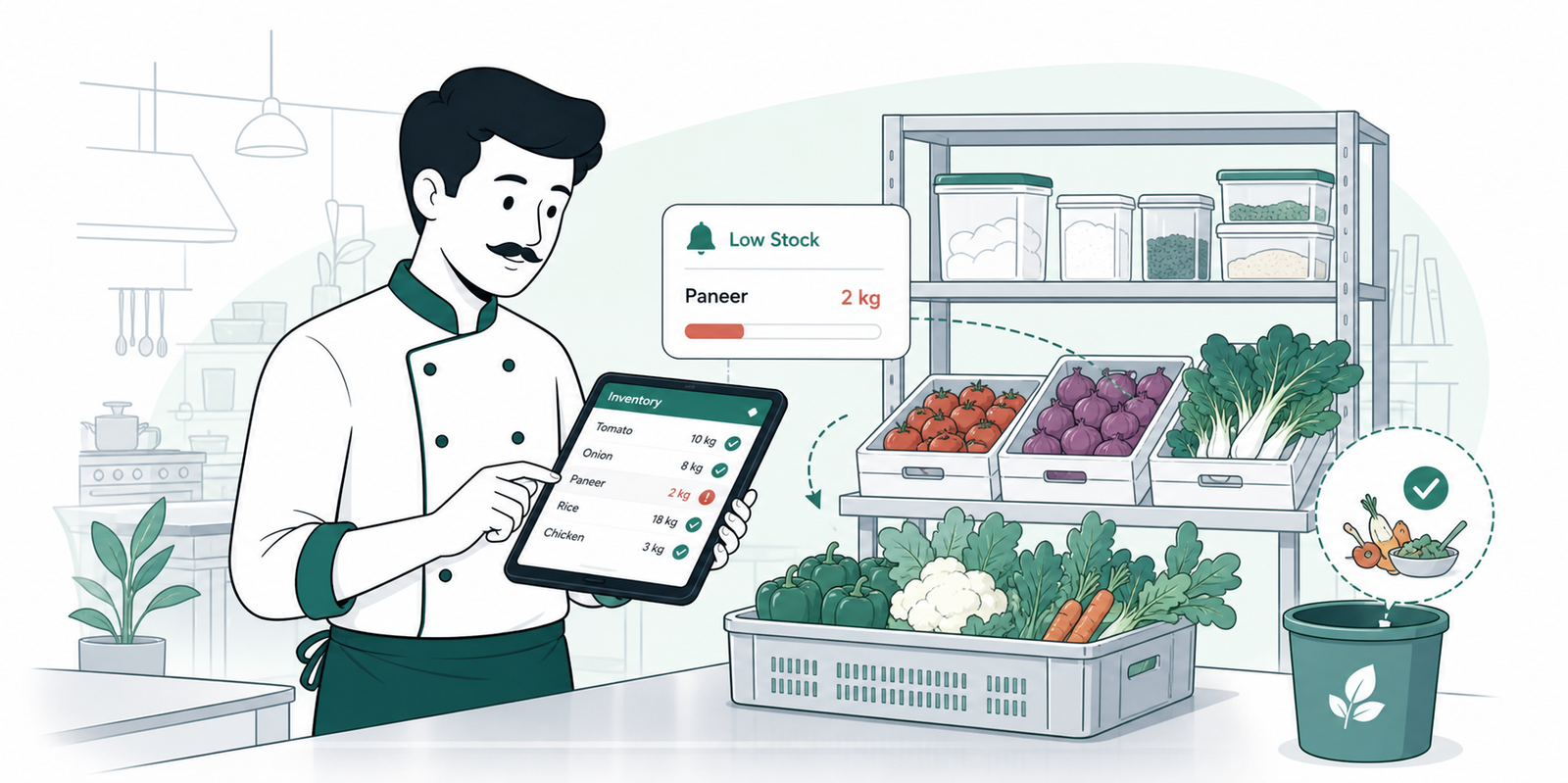 Kitchen manager checking low-stock ingredients on a tablet beside organized fresh produce.