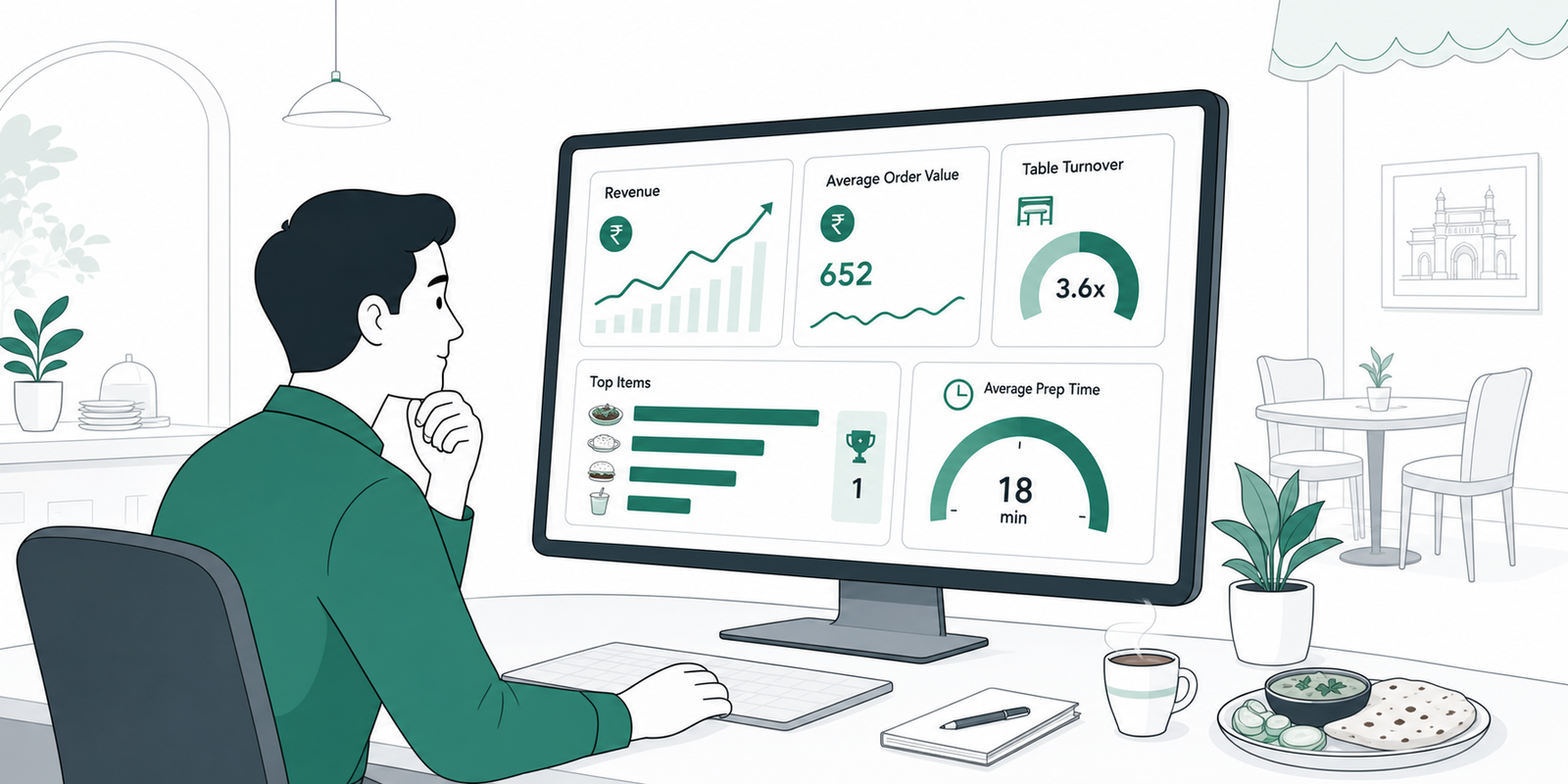 Restaurant operator studying revenue, average order value, table turnover, and preparation-time analytics.