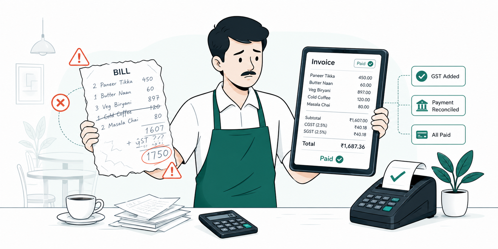 Cashier comparing an error-prone handwritten bill with an accurate reconciled digital invoice.
