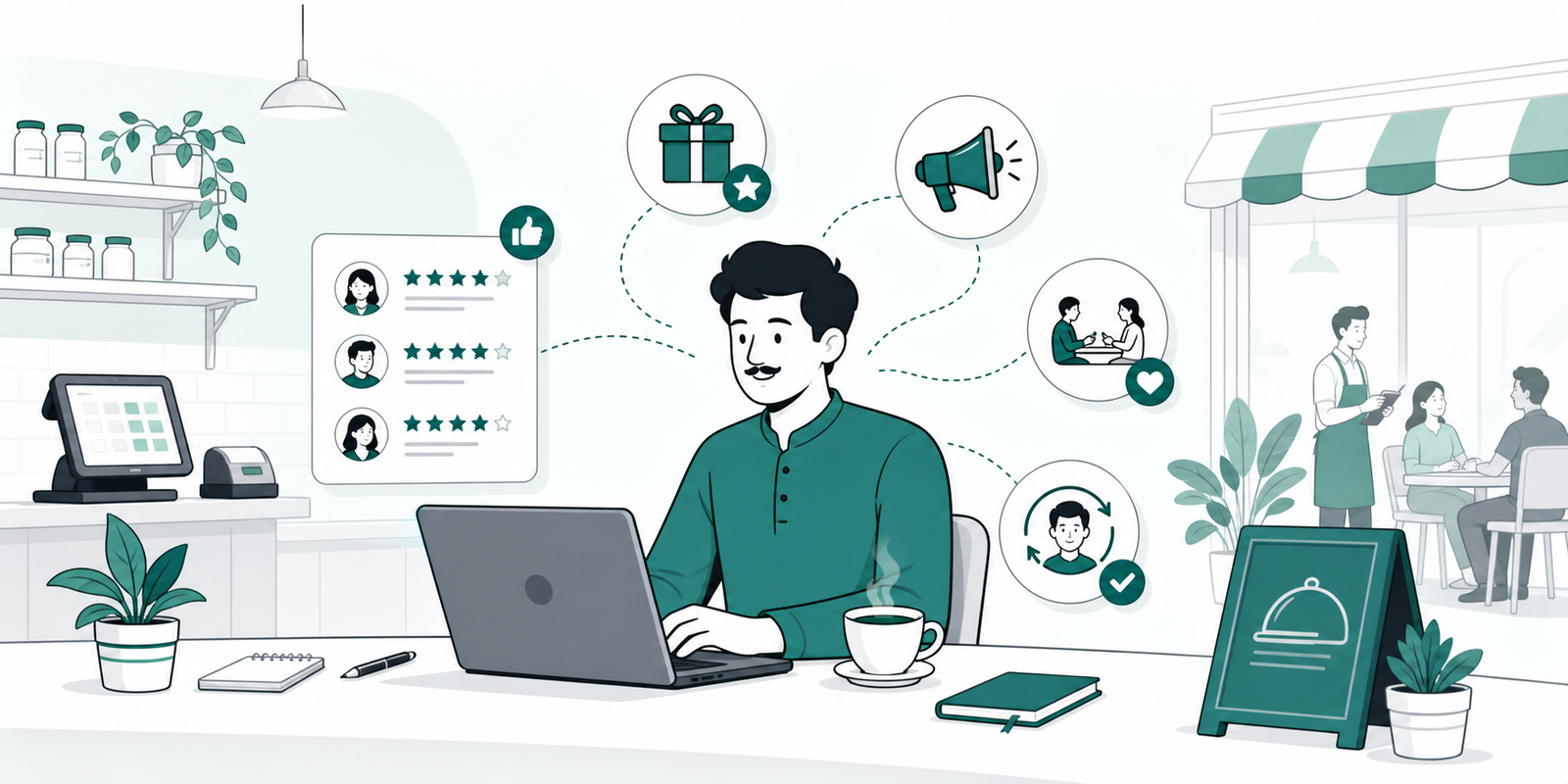 Restaurant owner coordinating reviews, loyalty rewards, promotions, and repeat guest engagement.