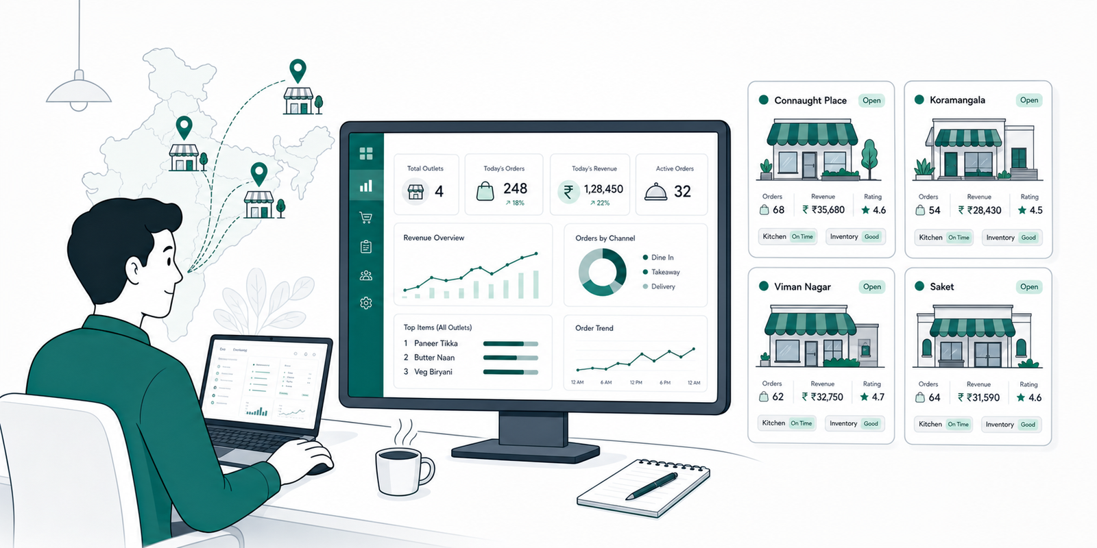 Restaurant owner monitoring four outlets across India from a central performance dashboard.